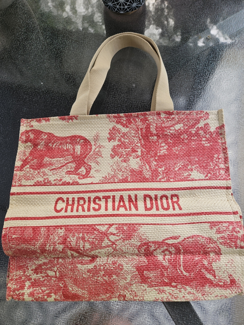Dior Beige & Red Toile de Jouy Canvas Tote Bag